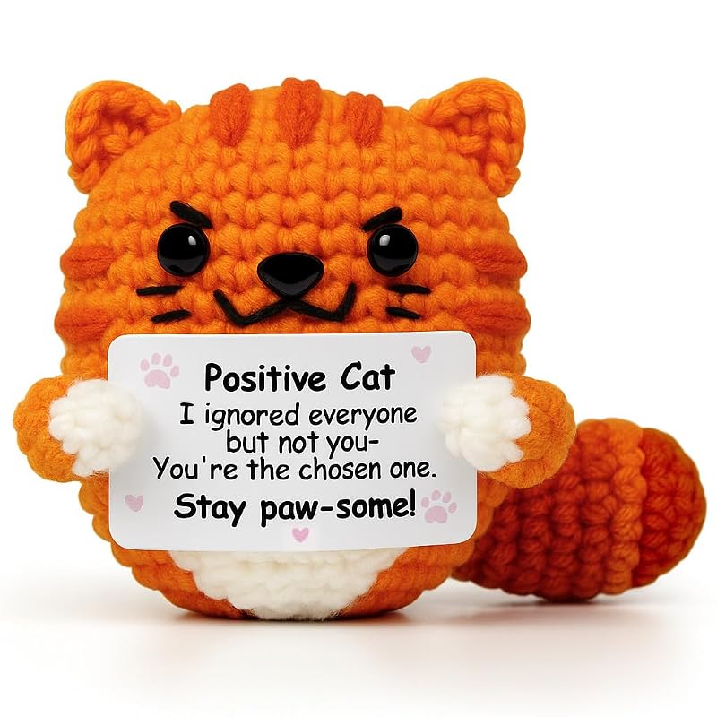 Orange-Cat Positive Crochet Cat Gift — Uplifting Message for Women & Men, Handmade Décor