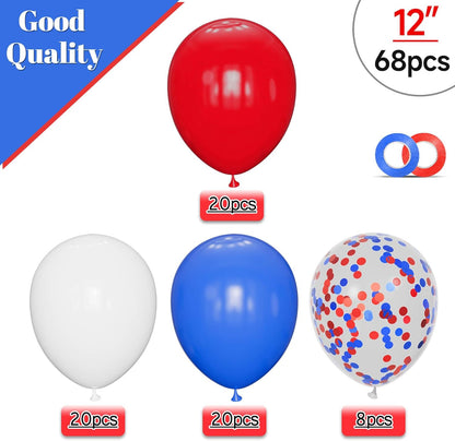 Red White Blue Latex Balloons - 12 Inch Patriotic Confetti Balloons | 68 Pack for 4th of July & Celebrations