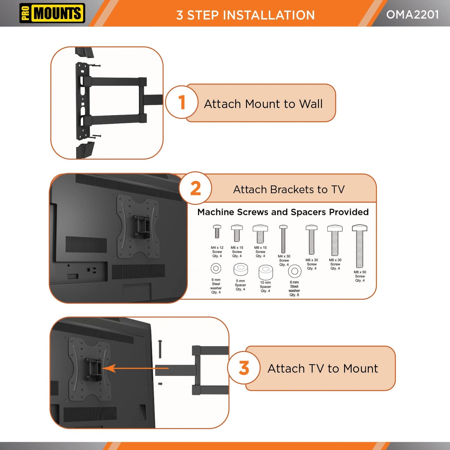 ProMounts Articulating/Full Motion Heavy Duty TV Wall Mount Bracket for 26-45 Inch LED, LCD Plasma Flat and Curved TV Screens, Holds Up to 77 lbs, Max VESA 200x200