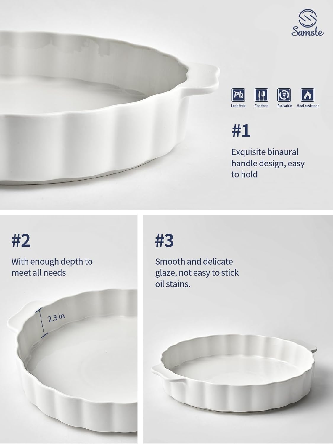 Samsle Ceramic Pie Pan - 13-Inch Round Baking Dish with Double Handles & Ruffled Edge | Oven Safe