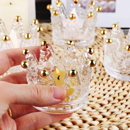 Crown Glass Tealight Candle Holders - Set of 6 Elegant Votive Holders for Weddings & Home Decor | Gold Finish