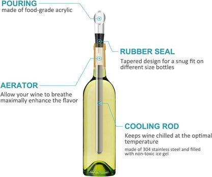 Wine Chiller, 3-in-1 Stainless Steel Wine Bottle Cooler Stick - Rapid Iceless Wine Chilling Rod with Aerator and Pourer - The Best Wine Accessories Gift