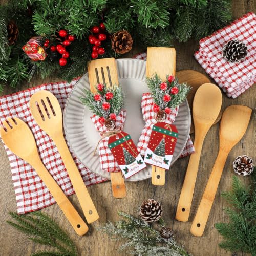 Christmas Bamboo Spatula Set - 24 Pcs with Waffle Towels & Decorations, Pink & White