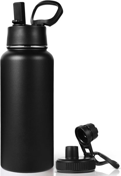Neihepal Insulated Water Bottle - 32 oz Double Wall Stainless Steel with Straw & Spout Lids | Black