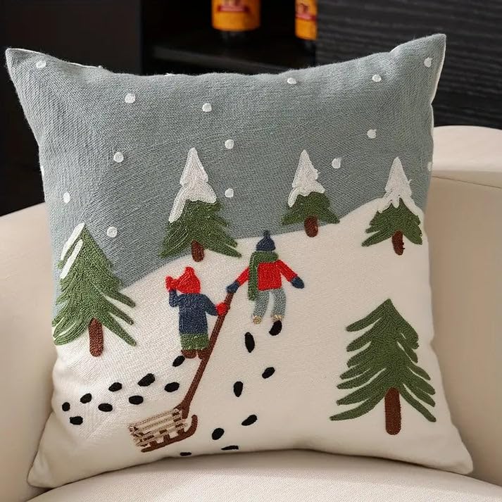 Christmas Embroidered Canvas Pillowcase - Snow Mountain Journey Holiday Decor