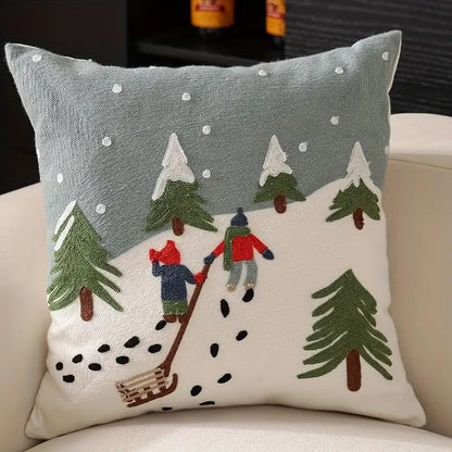 Christmas Embroidered Canvas Pillowcase - Snow Mountain Journey Holiday Decor