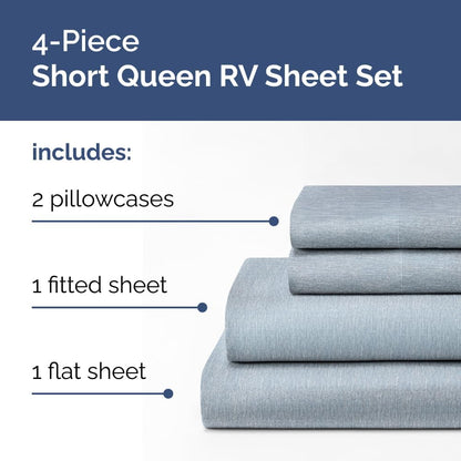 RV Short Queen Sheet Set - Soft, Breathable & Cooling 4-Piece Bedding for Trailers | Fits 8” to 12” Mattresses - Heathered Blue