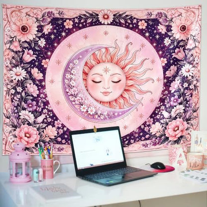 Purple & Pink Boho Sun and Moon Tapestry Wall Hanging 60x44 Inches - Bedroom Decor