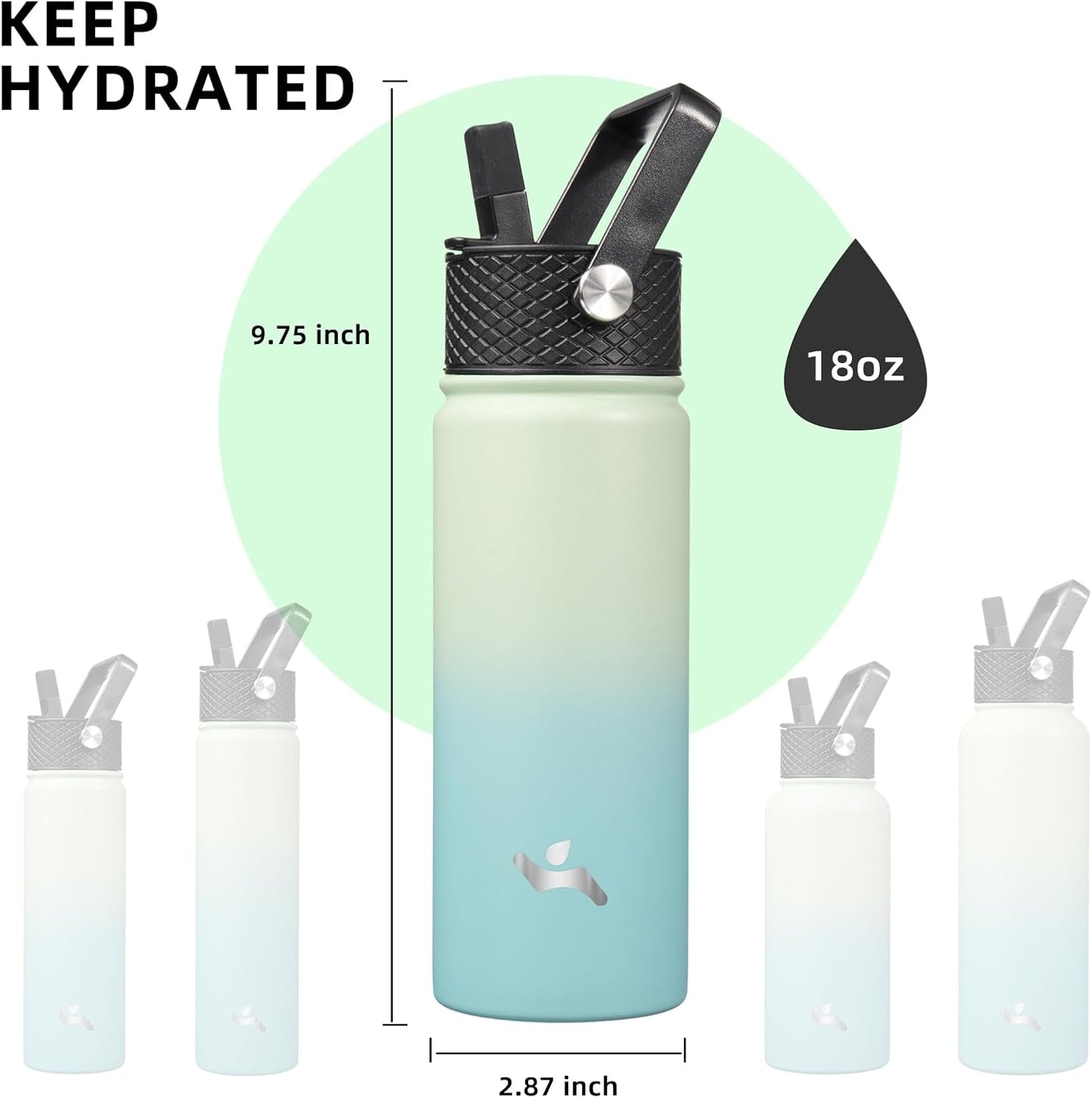 Skiennix 18 oz Insulated Stainless Steel Water Bottle - Sport Design with 3 Lids | Mint Color