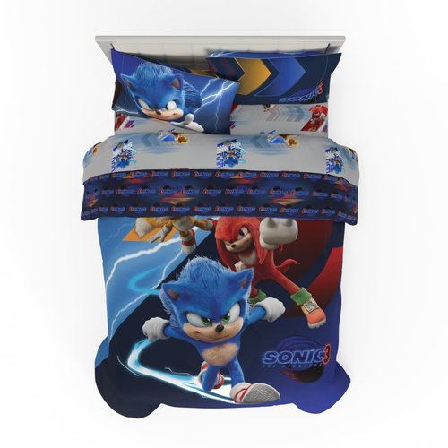 Franco Sonic The Hedgehog 3 Movie Kids Bedding Super Soft Comforter and Sheet Set, 4 Piece Twin Size, (Officially Licensed Product)
