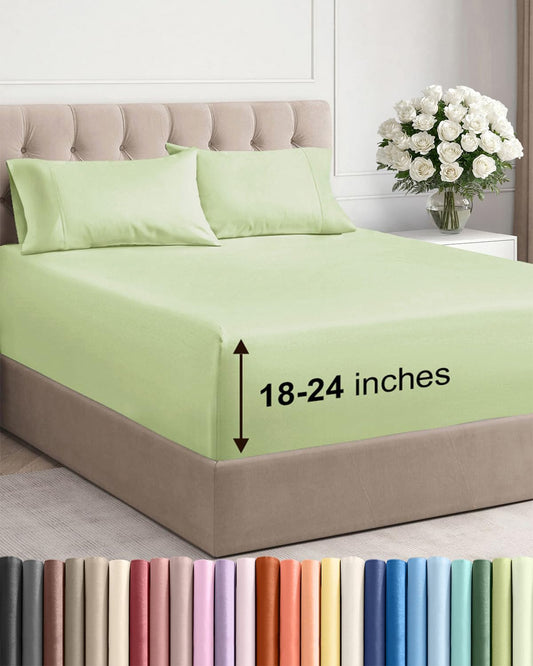 Skiennix Extra Deep Twin Sheet Set - 4 Piece Breathable Cooling Bedding - Soft Wrinkle-Free Light Sage