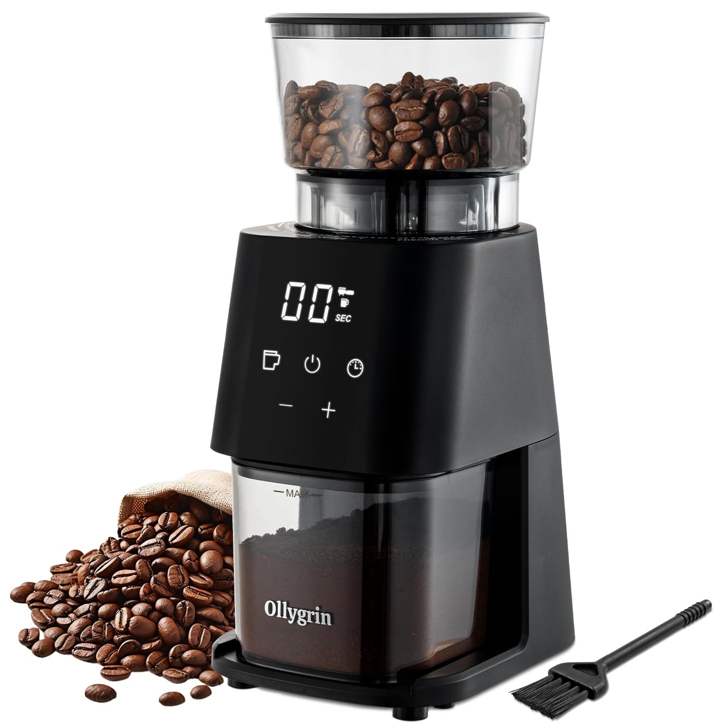 Ollygrin Conical Burr Coffee Grinder Electric Coffee Bean Grinder with Digital Timer 30 Precise Grind Settings Adjustable Burr Mill Grinder for 2-12 Cups Espresso Drip and French Press