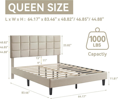 Susalt Queen Size Bed Frame - Upholstered Linen Headboard, No-Noise Design, Easy Assembly, 1000LBS Capacity | Beige