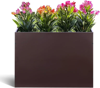 BAYN Metal Rectangular Planter Box - Modern Heavy-Duty Design with Drainage Holes | Brown, 32”x 12”x 24”