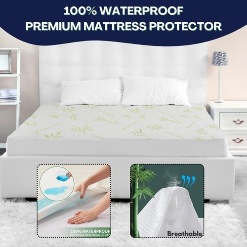 Bamboo Mattress Protector - 100% Waterproof Queen Size Cooling Cover | Ultra Soft Jacquard Fabric