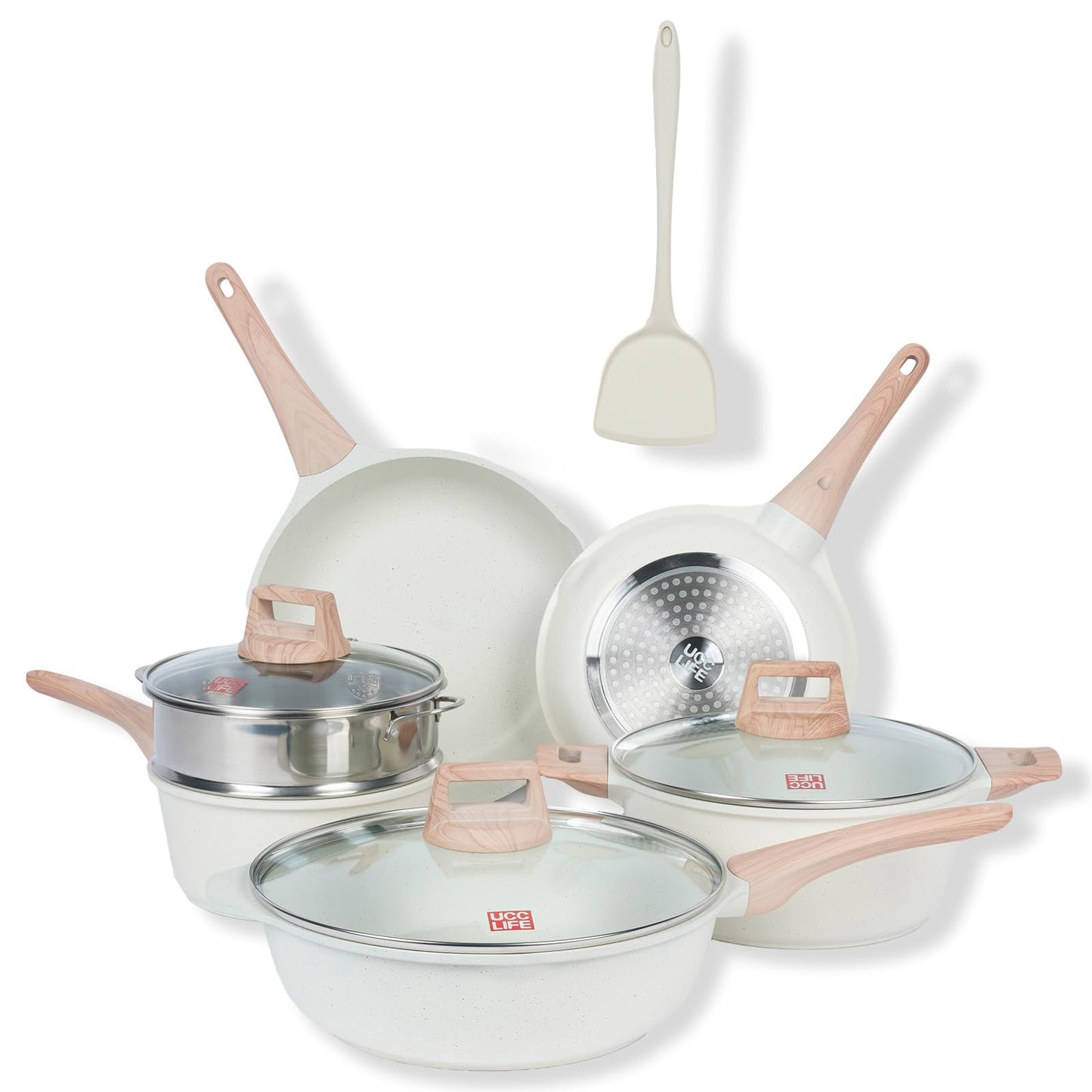 Ucclife 10pcs Pots and Pans Set Nonstick, Granite Frying Pans Induction Kitchen Cookware Sets, with Wood Print Handles Frying Pans, Saucepans, Steamer Shovel Spoon, Beige