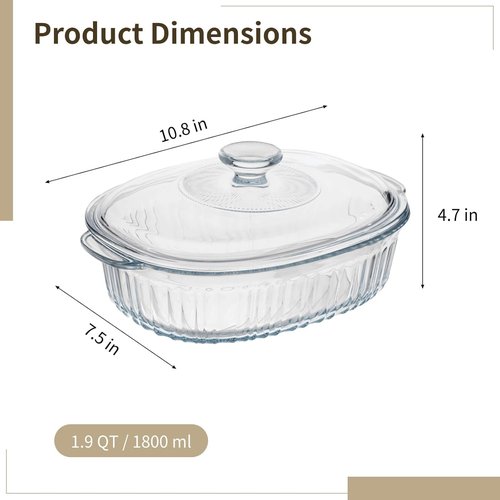 1.9 QT Oval Glass Casserole Dish by [Brand Name] - Clear Borosilicate Glass, Oven & Fridge Safe, Easy-to-Clean