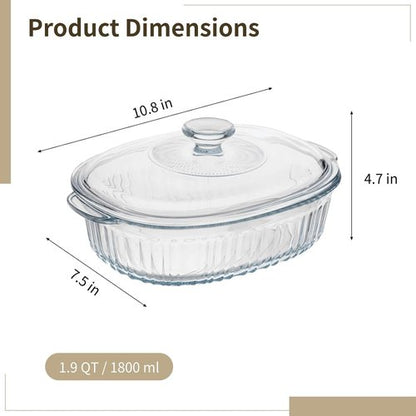 1.9 QT Oval Glass Casserole Dish by [Brand Name] - Clear Borosilicate Glass, Oven & Fridge Safe, Easy-to-Clean