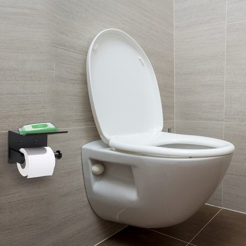 XDerln Toilet Paper Holder with Phone Shelf SUS 304 Toilet Paper Roll Holder - Wall Mounted Toilet Paper Roll Holder Adhesive Or Drilling Tissue Roll Holder with Shelf - Black Matte