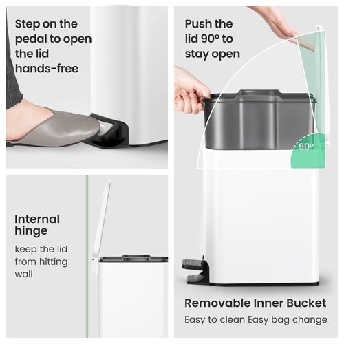 Cesun Stainless Steel Small Bathroom Trash Can - Soft Close Lid & Step Pedal, 6L | White Diaper Waste Basket