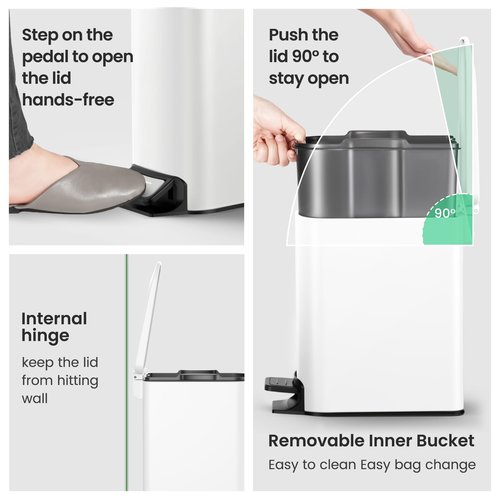 Cesun Small Bathroom Trash Can with Lid Soft Close, Step Pedal, 6 Liter / 1.6 Gallon Stainless Steel Slim Garbage Can for Bedroom, Diaper Waste Basket with Removable Inner Bucket (White)