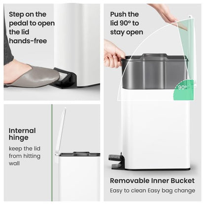 Cesun Small Bathroom Trash Can with Lid Soft Close, Step Pedal, 6 Liter / 1.6 Gallon Stainless Steel Slim Garbage Can for Bedroom, Diaper Waste Basket with Removable Inner Bucket (White)