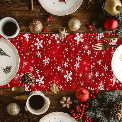 Red Christmas Table Runner 13x72 Inches Snowflake Holiday Decor - Farmhouse Style