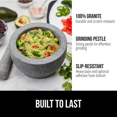 GORILLA GRIP Heavy Duty Mortar and Pestle Set - 100% Granite Stone Guacamole Bowl | 1.5 Cup Gray