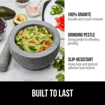 GORILLA GRIP Heavy Duty Mortar and Pestle Set - 100% Granite Stone Guacamole Bowl | 1.5 Cup Gray