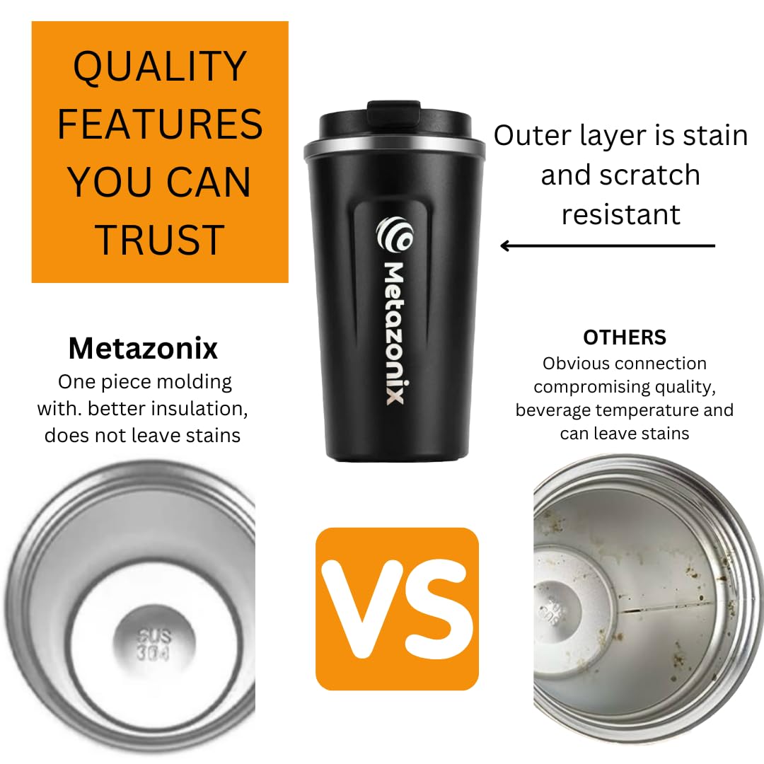 Metazonix - Travel Coffee Mug -17oz Stainless Steel Coffee Mug - Coffee Travel Mug Spill Proof Leak Proof - Insulated Coffee Mug With Lid - Travel Coffee Tumbler (Black)