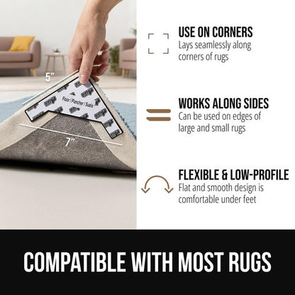 GORILLA GRIP® 12 Pack Extra Wide Dual Sided Rug Gripper Pads, Holds Carpet in Place on Hardwood Floors and Tile, Removable Reusable Sticky Corner Grippers, Universal Fit Floor Pad for Under Area Rugs