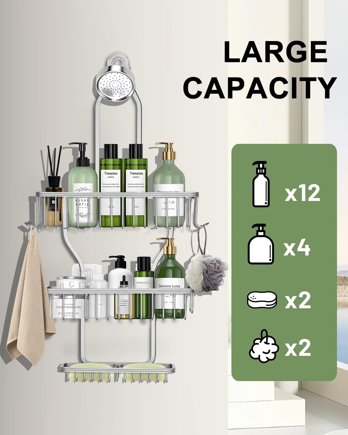 Regine Shower Caddy - Rust-Resistant Aluminum Hanging Organizer with 6 Hooks for Razors & Sponges | Silver