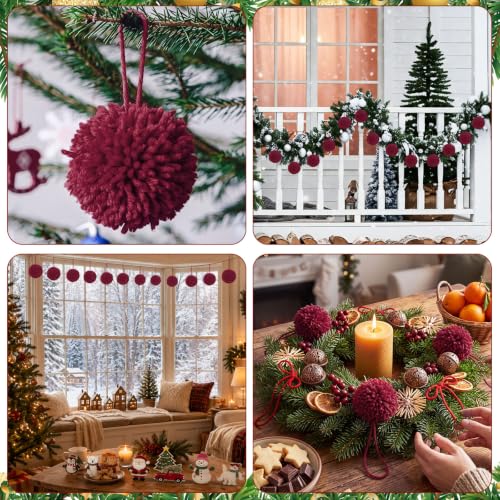 20 Pcs Burgundy Christmas Yarn Pom Poms - Fuzzy Holiday Decorations