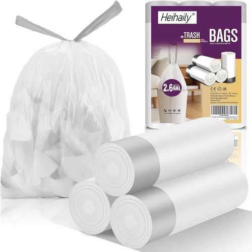 Heihaily 2.6-Gallon Heavy Duty Trash Bags - Leak-Proof Drawstring Kitchen Garbage Bags | Odor Control, Clear (60 Count)