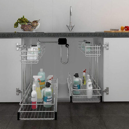 Under Sink Organizer - 2-Tier Pull-Out Cabinet Organizer | Chrome Plated, 9"W x 18.5"D for Kitchen & Bathroom