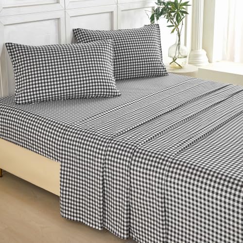 Plaid Full Bed Sheet Set with Deep Pockets - Black and White Gingham