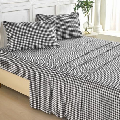 Plaid Full Bed Sheet Set with Deep Pockets - Black and White Gingham