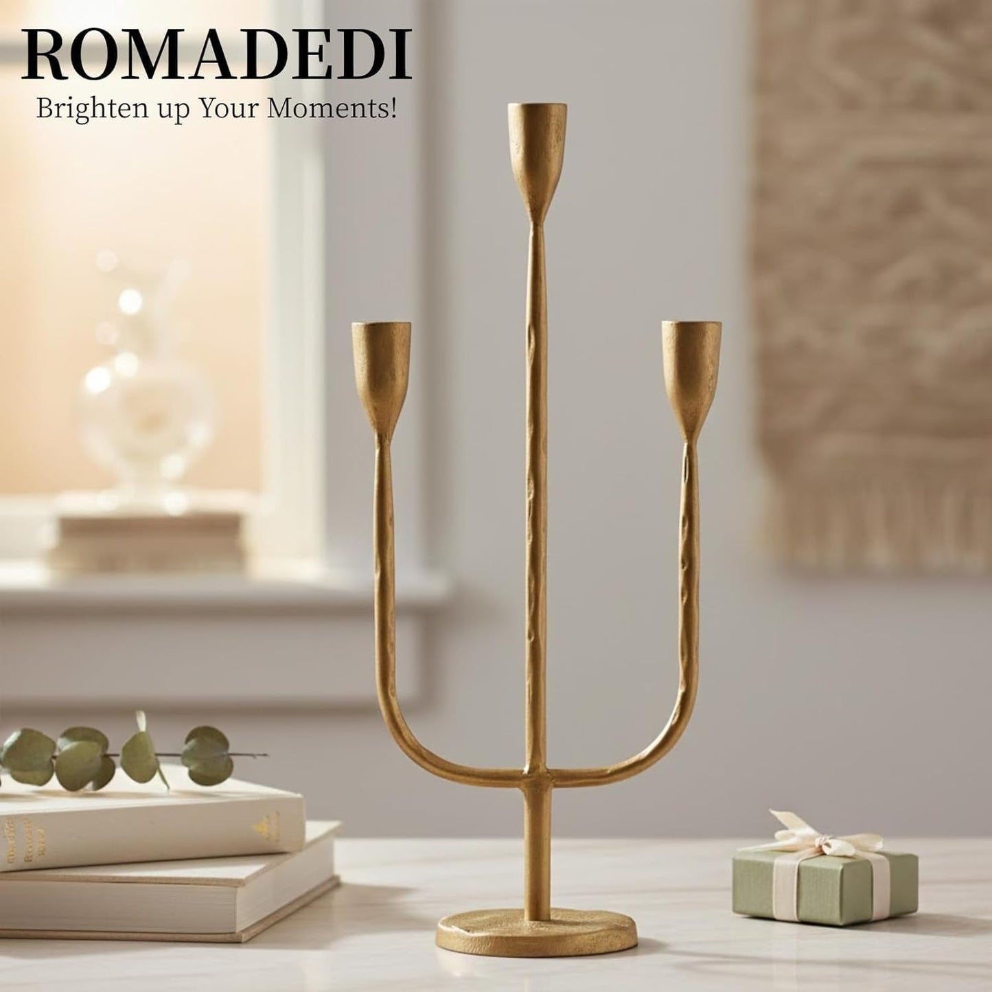 Romadedi Brass Candelabra - Vintage Gold Taper Candle Holders for Elegant Table Centerpieces | Tall Iron Design