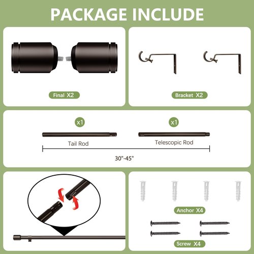 5/8” Diameter Curtain Rods 30-45 Inch, for 30-39 Inch Windows, Adjustable Splicing Bronze Curtain Rods for Windows with Brackets, Window Rod Long Small Curtains Rod