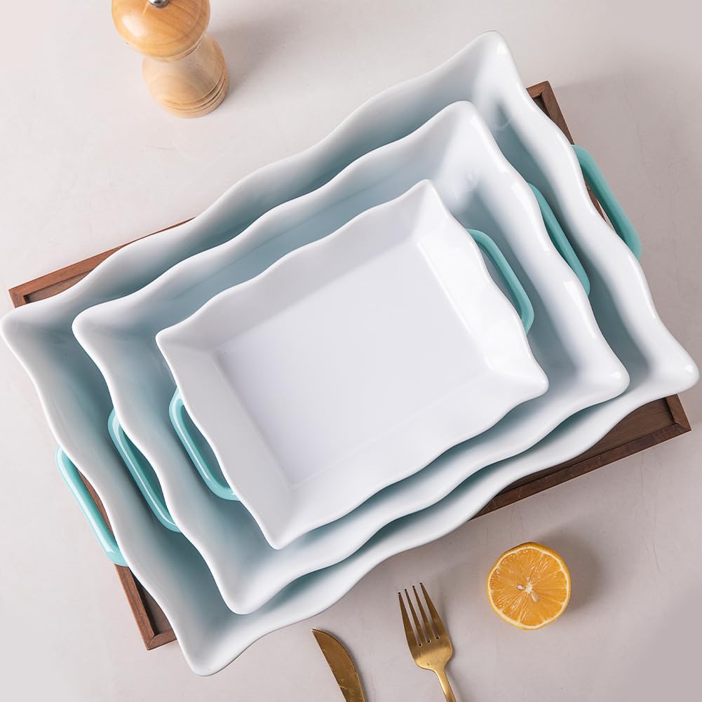Sweejar Casserole Dishes - Ceramic Bakeware Set of 3 | Rectangular Baking Dish with Handles, Turquoise