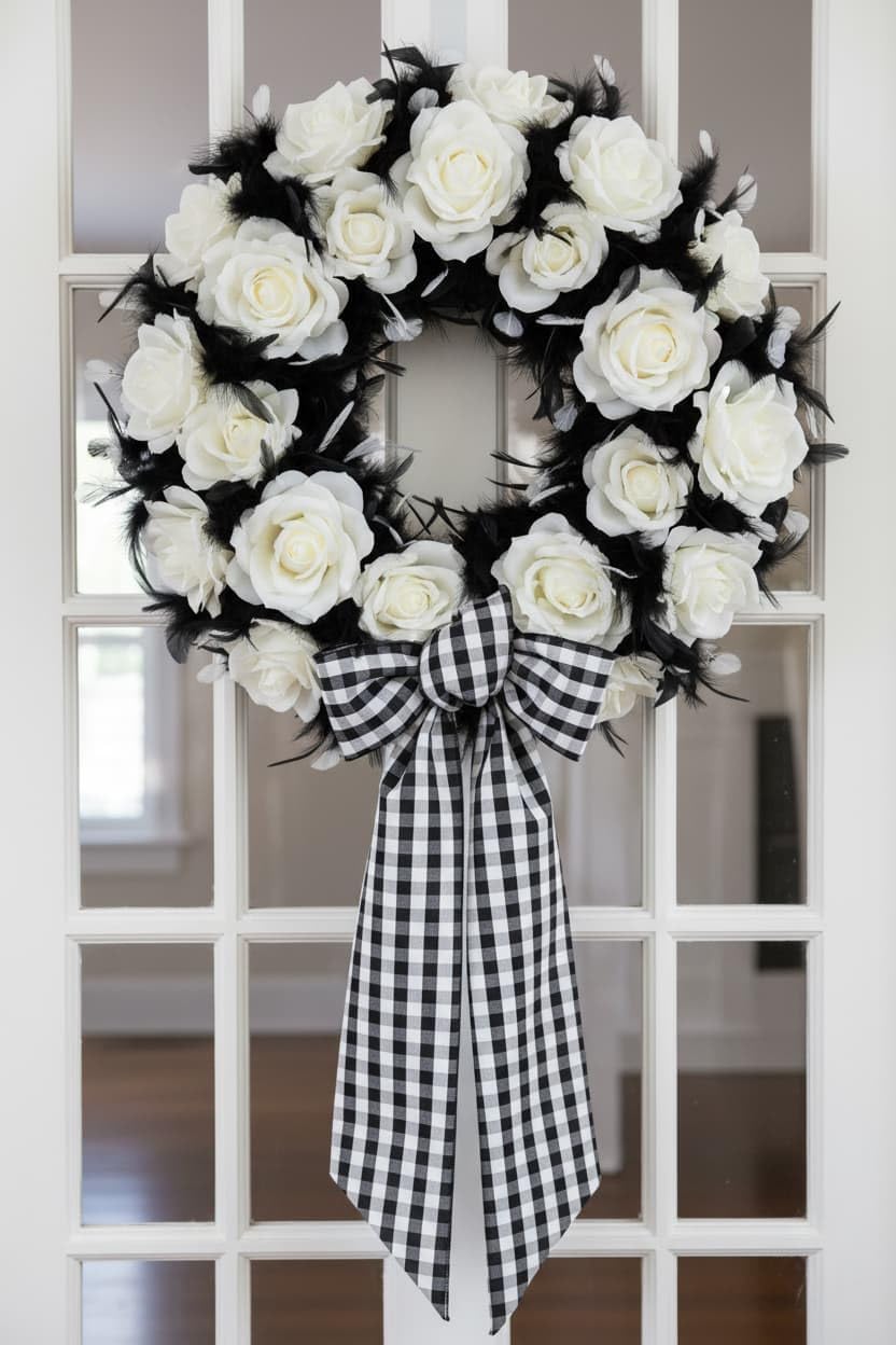 Regine Switzerland Black & White Plaid Wreath | Elegant Front Door Decoration for Holidays & Events