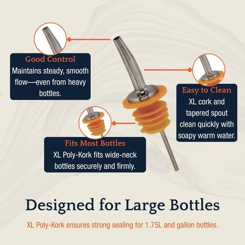 Liquor Pour Spouts with Dust Caps for Wide Neck Bottles Requiring XL Corks, 4-Pack, Free Flow for Accurate Shots, Leakproof, No Drip Flow Control, Whiskey Vodka Tequila, Home & Bartender Use, USA Made