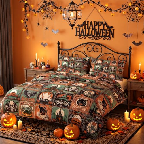 Halloween Bedding Duvet Cover Set Queen Size Bat Ghost Pumpkin - 3pcs - Tudomro
