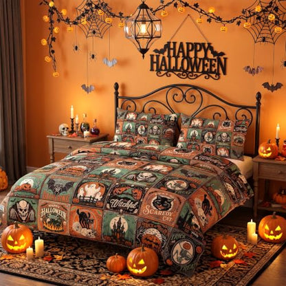 Halloween Bedding Duvet Cover Set Queen Size Bat Ghost Pumpkin - 3pcs - Tudomro