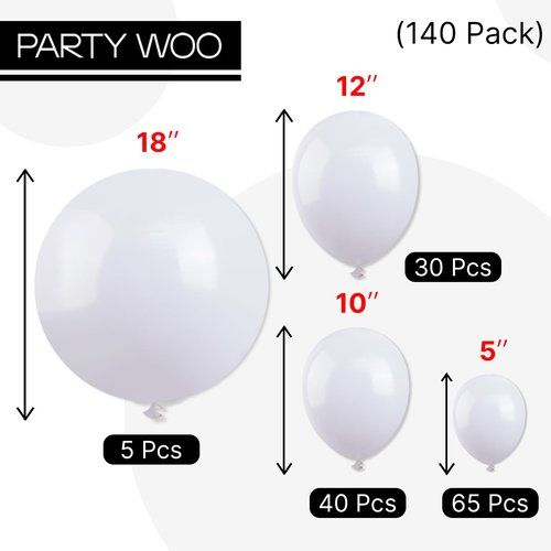 PartyWoo White Balloons 140 pcs Different Sizes of 18 12 10 5 Inch White Balloons Arch Kit Garland for Wedding Baby Shower Birthday Bridal Shower Graduation Engagement Party Decorations White-Y13