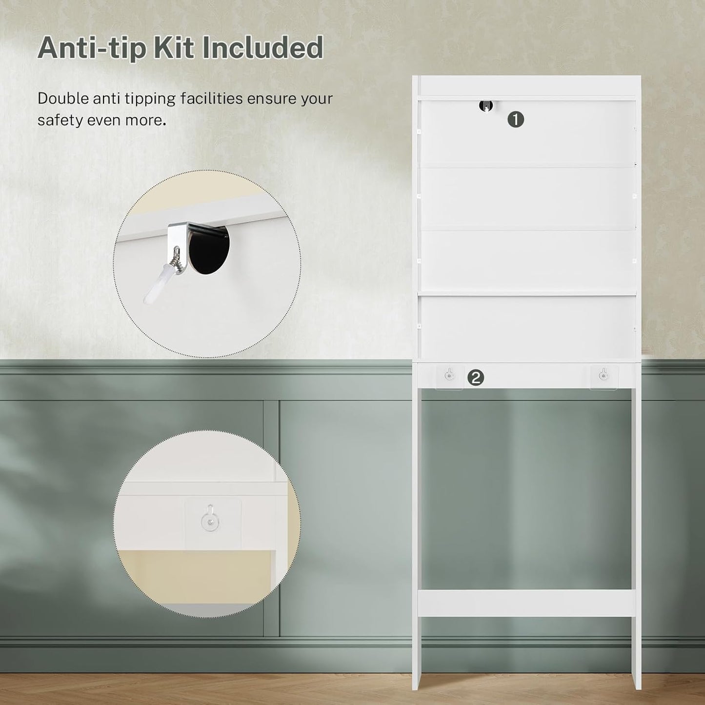 TEENFON Over The Toilet Storage Cabinet - Extra Tall Bathroom Organizer with 4 Open Shelves & 2 Barn Doors | White