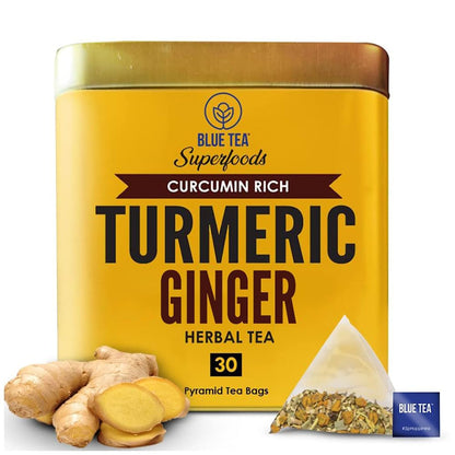 BLUE TEA - Turmeric Tea - Ginger - 30 Count - Plant Based Tea Bag | CURCUMIN RICH - HERBAL BLEND | Herbal Tea - Caffeine Free - Non-GMO - Vegan - Gluten Free - Earthy Flavor - Healthy | Reusable Tin Pack