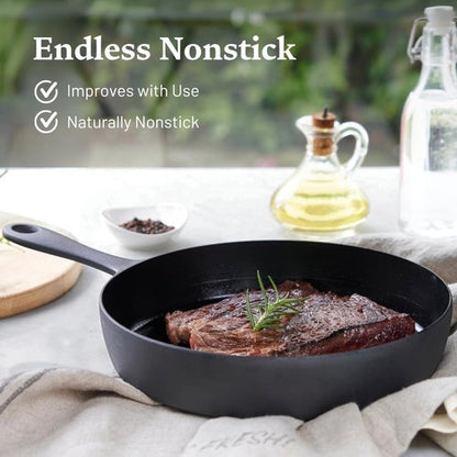Flambo 12 Inch Cast Iron Skillet - Pre-Seasoned Non-Stick Frying Pan for Grilling, Baking & More