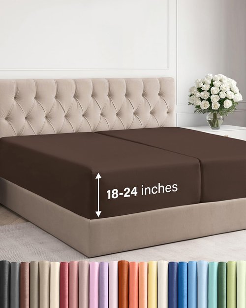 Extra Deep Split King Fitted Sheet - Hotel Luxury Single Fitted Sheet Only - Easily Fits 18 inch to 24 inch Mattress - Ultra Soft, Wrinkle & Fade Free w/Extra Deep Pocket - Breathable & Comfy - Brown