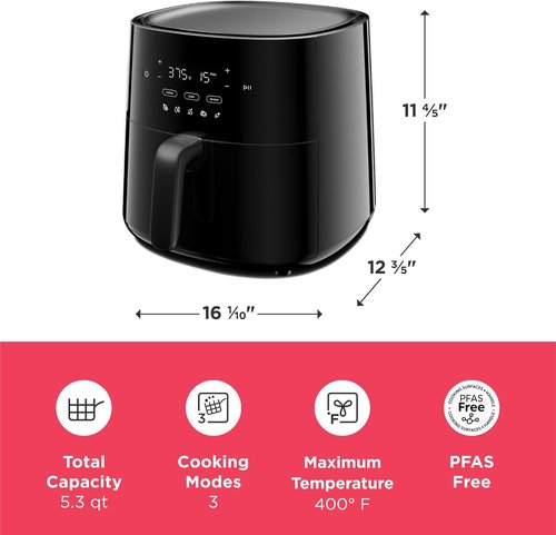 Frigidaire 3-in-1 Air Fryer - Large 5.3 QT Capacity, Digital Display & 3 Cooking Modes | PFAS-Free, Black